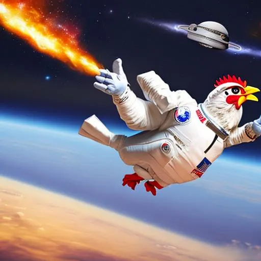 Prompt: chicken in space suit flying to the sky, 4k