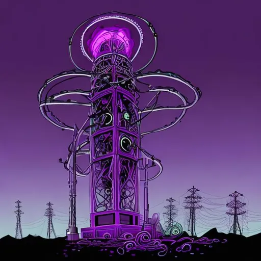 Prompt: lovecraftian style purple neon radio tower