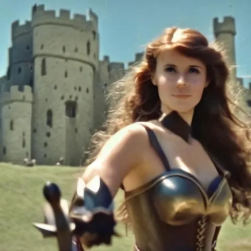 Prompt: Guinevere of Camelot in battle 8mm home movie

