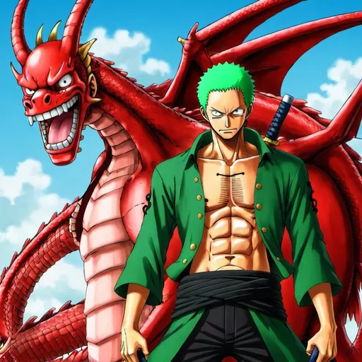 Prompt: red dragon from one piece and zoro
