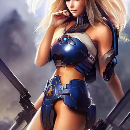 Prompt: Cute girl, 16 years old, sleeveless, blonde hair, tan body, battlefield, ethereal, dark blue mech suit, stunning, royal vibe, highly detailed, digital painting, HD quality, tan skin,artgerm