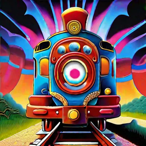 Prompt: beautiful painting of anthropomorphic steam railway engine monster truck snake oil salesman cowboy caveman hydra, neo - andean architecture art by takashi murakami, art by lisa frank, art by jacek yerka, art by victor moscoso. lifelike mechanical eyes. locomotive snake. trending on artstation, hyperrealism, 1 0 k