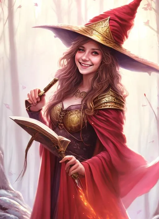 Prompt: Young, female, smiling, sorceress, fantasy, wizard hat, red dress, beautiful, magic, painting style, forest background 