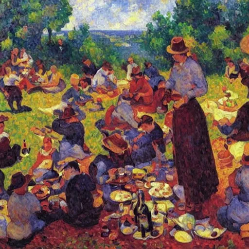 Prompt: a painting of a group of people with cooked chickens snd wine bottles, by Carlo Carrà, picnic, by Maximilien Luce, oil painting of a meal, by Ignacio Zuloaga, impressionist painting, by Dionisio Baixeras Verdaguer, barroque painting, forest picnic