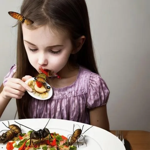 Prompt: girl eating dinner with bugs on plate
