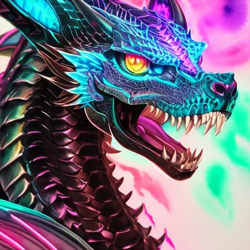 portrait of a roaring neon skeleton dragon with fang... | OpenArt