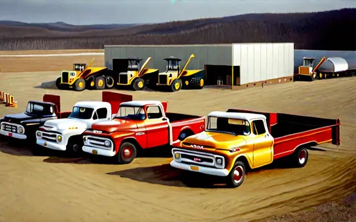 Prompt: A wide angle longshot of Vintage GMC Trucks at a jobsite 