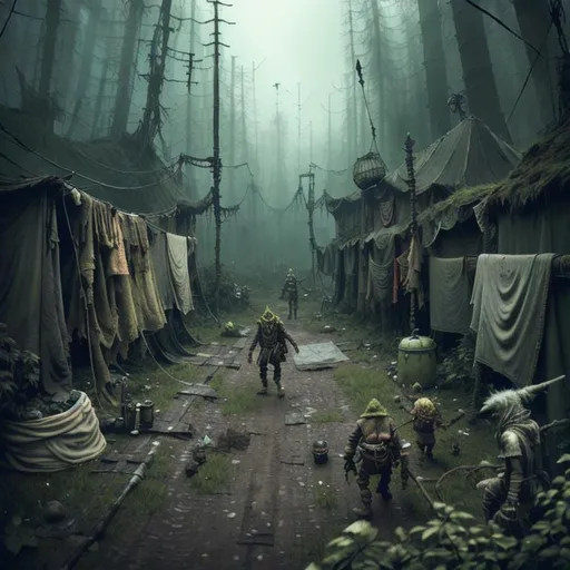 Prompt: dirty, eerie kobolds,  ragged cloak, belts and pouches, spear,  mossy, decaying, rusty and worn,  intricate detail,  show antennas and wires and circuits, old apocalyptic city wasteland overgrown by oppressive huge forest, vines, plants and roots growing, cracking through walls, 3d render,  high detail,