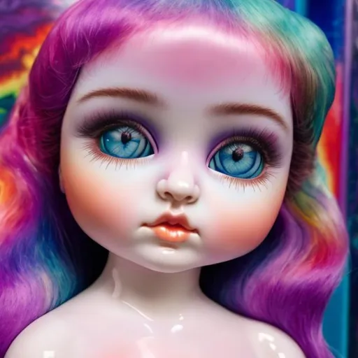 Prompt: Lisa frank style porcelain doll