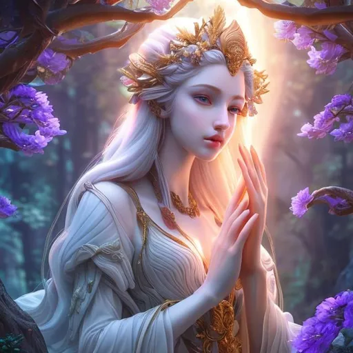 Prompt: 3D anime like dramatic lighting,a beautiful pale skinned goddess with ivory long silky hair,oval shaped face,pink lips, blue irises, flower and stone crown,white greek style gown with gold linings,well proportionate body structure,luminescent forest,wild flowers, open bluish purple sky