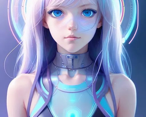 Prompt: full-body portrait of a future techno music girl, smooth soft skin, big dreamy blue eyes, beautiful intricate colored hair, symmetrical, anime wide eyes, soft lighting, detailed face, vibrant colors, wide angle, by makoto shinkai, stanley artgerm lau, wlop, rossdraws, concept art, digital painting