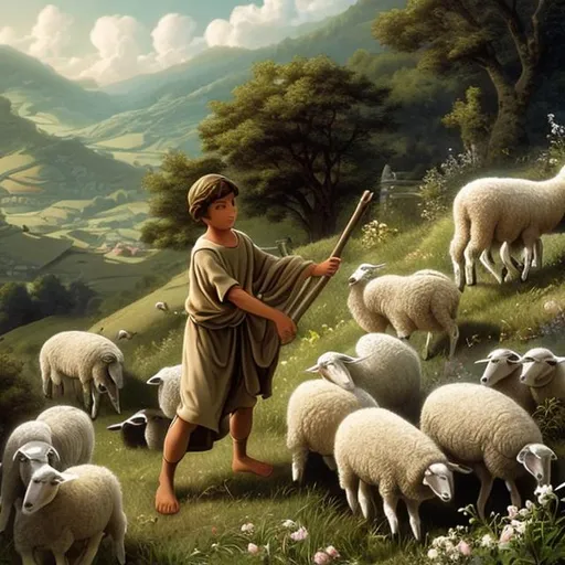 Prompt: Generate a beautiful hillside with a young shepherd boy tending to his flock of sheep