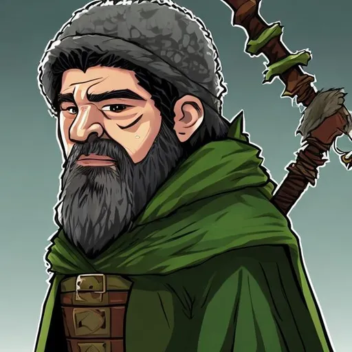 Prompt: jon bernthal from The Walking Dead as a dwarf warrior with a green cloak in an anime art style