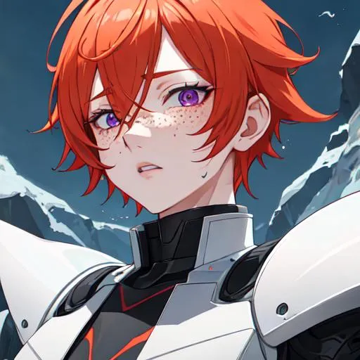 Prompt: Erikku male adult (short ginger hair, freckles, right eye blue left eye purple) UHD, 8K, Highly detailed, insane detail, best quality, high quality, anime style, tired