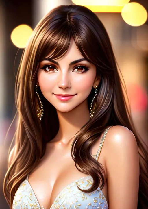 Prompt: best quality, realistic, masterpiece, an extremely delicate and beautiful, CG, extremely detailed , highres, extremely detailed, restaurant background, victoria justice, beautiful detailed girl, realistic, dress, beautiful detailed brown eyes, light on face, cinematic lighting, brown long hair, eye contact, brown skin, smile, slim body