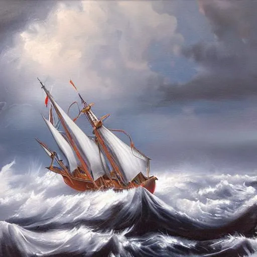 Prompt: storm in the ocean. large waves, heavy stormy clouds. A single ship with sails up. Oil painting, detailed and realistic.