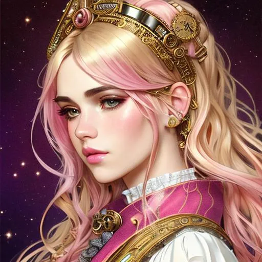 Prompt: steampunk portrait of Grimes the musician, blonde hair with pink highlights, pink lips - by Gustav Klimt and Alphonse Mucha, intricate, elegant, highly detailed, centered, artstation, smooth, sharp focus, octane render, 3d, artstation, precise lineart, vibrant, Conrad Roset, 8k resolution, hypermaximalist, intricate, highly detailed, concept art, realistic, colorful, vintage show promotional poster
