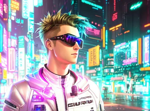 Prompt: oil painting, Cyberpunk Background with Neon Lights Scattered in Bokeh, UHD, hd , 8k, hyper realism, Very detailed, Cyberpunk Cybernetics enhanced zoomed out view of character, full character visible, blonde Male character, he has cyberpunk goggles resting on his forehead Charming and Appealing characters. Cyberpunk themed attires.