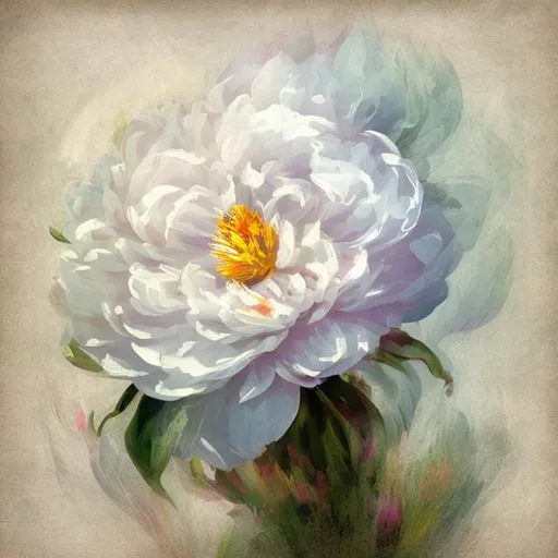 Prompt: PAEONIA  realystic impressionist style one flowers  white vintage style dark background 