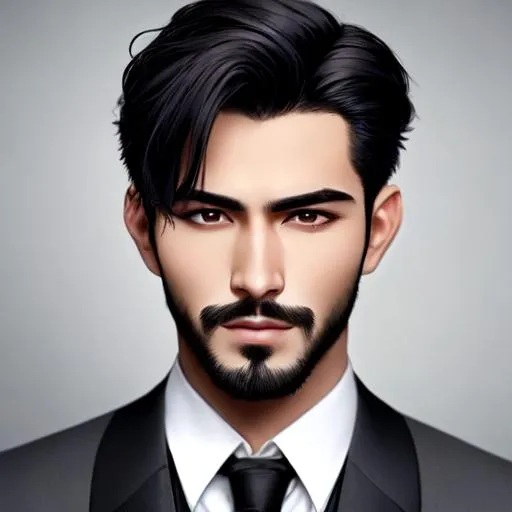Prompt: Cinematic, young man, handsome, commando suit, good shape, facial hair, two block dark grey hair