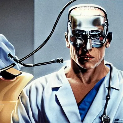 Prompt: The terminator dressed as a surgeon in the operating room