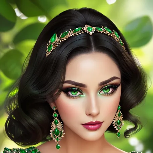 Prompt: an emerald lady, feminine elegant princess ,  dark hair, large green eyes, wearing jewels in her hair,  beautiful makeup, green eyeshadow eyeshow natural color lipsticklipstick, facial closeup