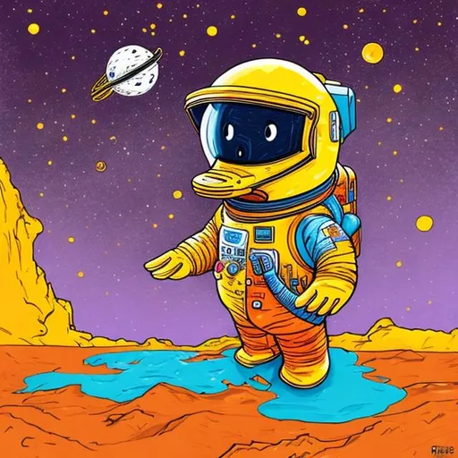Prompt: The astronaut duck in the Mars, orange, purple, blue, and yellow colours