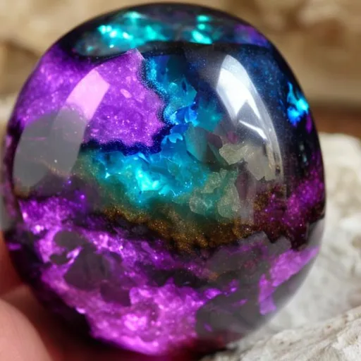 Prompt: Purple crystal, egg, glow, gem, dark, cave, cool colors, dragon egg, dim lighting, smokey, realistic egg