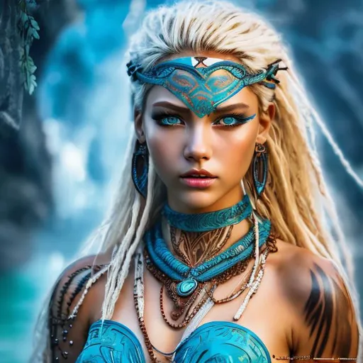 Prompt: professional modeling photo Kida as live action human woman hd hyper realistic beautiful athletic warrior woman white hair tan skin blue eyes beautiful face blue tribal outfit and jewelry and tribal tattoo enchanting atlantis hd background with live action realistic magical water