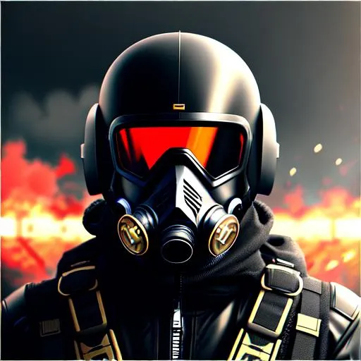 selfie soldier wearing a black futurist gasmask blac... | OpenArt