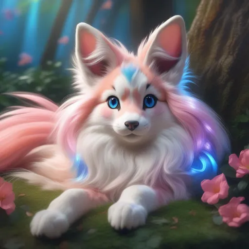 Prompt: (Sylveon), realistic, photograph, epic oil painting, (hyper real), furry, (hyper detailed), extremely beautiful, sprawling on back, belly up, paws in the air, playful, UHD, studio lighting, best quality, professional, 8k eyes, 8k, highly detailed, highly detailed fur, hyper realistic creamy fur, canine quadruped, (high quality fur), fluffy, fuzzy, full body shot, zoomed out view of character, perfect composition, trending, instagram, artstation, deviantart, best art, best photograph, unreal engine, high octane, cute, adorable smile, peaceful, (highly detailed background), vivid, vibrant, intricate facial detail, incredibly sharp detailed eyes, incredibly realistic golden retriever fur, concept art, anne stokes, yuino chiri, character reveal, extremely detailed fur, sapphire sky, complementary colors, golden ratio, rich shading, vivid colors, high saturation colors, nintendo, pokemon, silver light beams