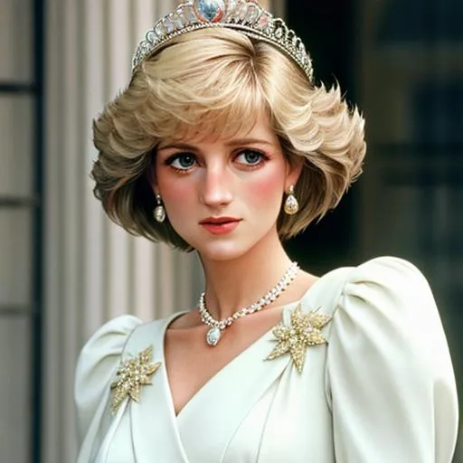 Prompt: Princess Diana- sophisticated fashion sense. She poses in a chic, tailored outfit, exuding a sense of effortless style, stunning beauty and capturing every intricate detail of her impeccable ensemble. Facial closeup