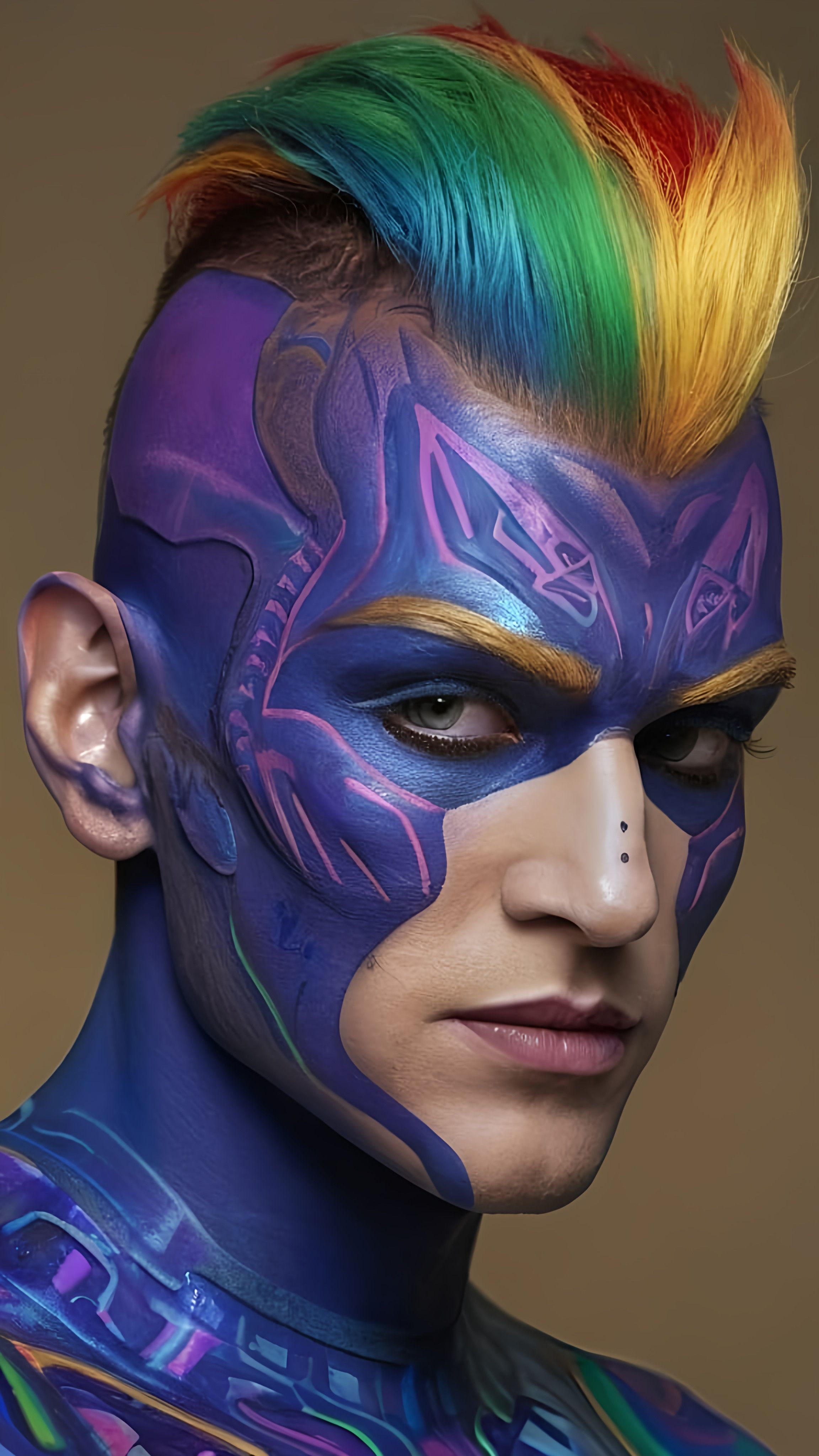 Prompt: a man with a face paint and a mohawk is looking at the camera with a serious look on his face, neo-fauvism