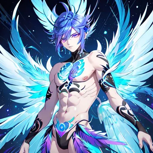 Prompt: Male harpy. He has blue and purple feathers on his face and his hair is made of peacock feathers. He has large wings. He has a long tail covered in feathers. He has black claws. He has bioluminescent tattoos on his skin. His skin is covered in feathers and scales. His eyes are yellow with slit pupils.