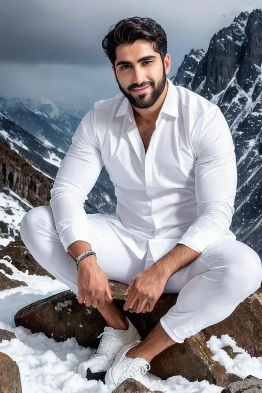 Prompt: a scene of "hyperreal face", meditating, lost in god,"irani hyperreal handsome rugged boy" in "hyperreal stormy snow mountain", smile, white kameez, detailed, hyperreal, sitting, arena, perfect composition, hyperrealistic, super detailed, 8k, high quality, trending art, trending on artstation, sharp focus, studio photo, intricate details, highly detailed, by greg rutkowski
