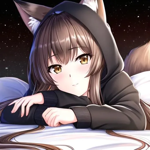Prompt: oil painting, UHD, hd , 8k,  anime, hyper realism, Very detailed, zoomed out view, clear visible face, full character in view, clear visible face, fox girl character with long dark brown hair, wears a black oversized hoodie and shorts, lay in bed