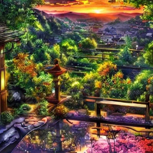 Prompt: Beautiful lush anime landscape sunset other world 
