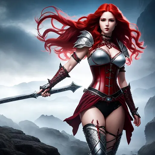 Prompt: A hyper realistic full body image of a (young female barbarian with intricately wavy red hair) with a (beautiful symmetrical body, beautiful symmetrical face, fierce expression) wearing (an intricate silver corset) in a (fantasy setting against a misty underworld backdrop)