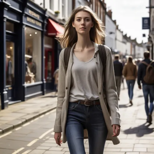 Prompt: Tall young woman walking down the high street, detailed clothing, realistic, natural lighting