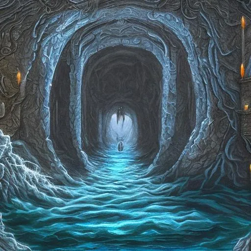 Prompt: fantasy, dnd, dark blue, river tunnel,  flowing, full of water, wide water, dwarven tunnel, dark, dwarven carved arches, dwarven stonework, low ceiling, view from inside the tunnel  on a boat