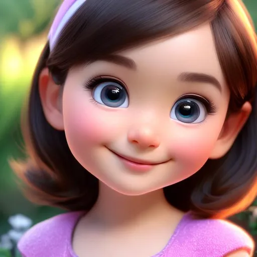 Prompt: Disney, Pixar art style, CGI, Girl with small round chubby face, dark brown almound shaped eyes, extremely pale face, Short very dark brown hair