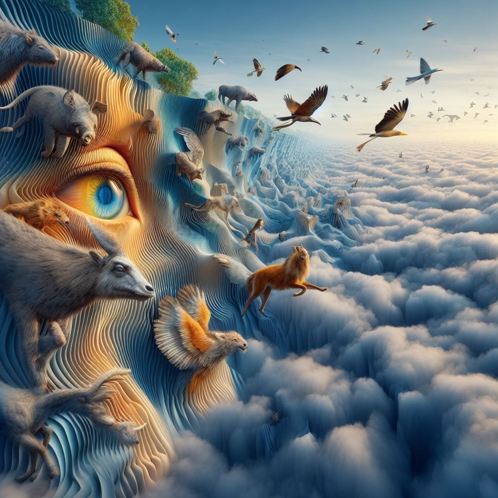 Prompt: a photo where animals are flying, in the style of psychedelic surrealist landscapes, surreal 3d landscapes, vladimir kush, martiros saryan, depth of layers, surreal human figures, wandering eye