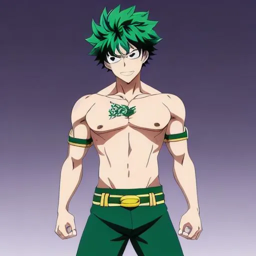 Prompt: Izohn Doe combines the distinctive features of both John Doe from UnOrdinary and Izuku Midoriya from My Hero Academia, resulting in a unique and compelling character design.

Izohn Doe has messy green hair, reminiscent of Izuku's signature style, but with a streak of white running through it, symbolizing the mystery and hidden potential within him. He wears a modified version of John Doe's black hoodie, which is adorned with green accents and a stylized emblem on the chest that combines elements of both characters' symbols. The hoodie represents Izohn's humble beginnings and his determination to overcome his limitations.

Izohn Doe's costume features a combination of John Doe's sleek black mask and Izuku's green full-face mask, providing both anonymity and protection. He wears a black bodysuit with green accents and padding, reflecting Izuku's costume design and John Doe's combat readiness. His gloves and boots are equipped with green energy emitters, allowing him to unleash powerful attacks.