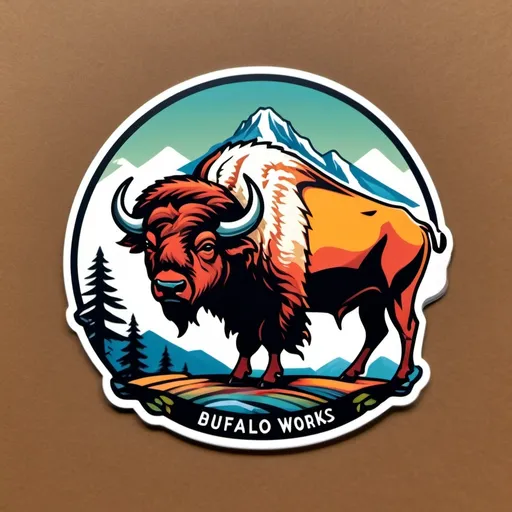 Prompt: a buffalo logo with the words “buffalo bead works”, on it's side and a mountain in the background, Beeple, arts and crafts movement, logo, a silk screen