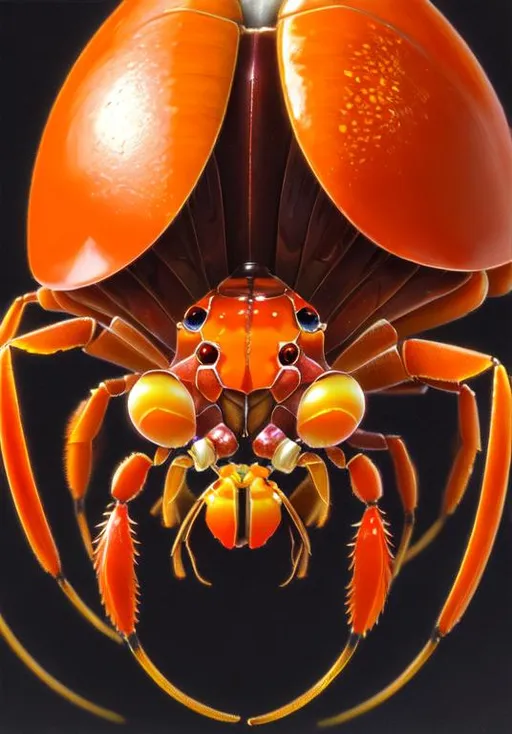Prompt: UHD, , 8k,  oil painting, Anime,  Very detailed, zoomed out view of character, HD, High Quality, Anime, Pokemon, Parasect is a large cartoonish orange insectoid hermit-crab-like cicada Pokémon with a mushroom as its back. It has a small head with pure white eyes and a segmented body that is mostly hidden by the mushroom and it has two completely white front-forward facing eyes. It has three pairs of legs with the foremost pair forming large pincers. The fungus growing on its back has a large red cap with yellow spots throughout.

The insect has been drained of nutrients and is now under the control of the fully-grown tochukaso. Removing the mushroom will cause Parasect to stop moving. It can thrive in dark forests with a suitable amount of humidity for growing fungi. Swarms of this Pokémon have been known to infest trees. The swarm will drain the tree of nutrients until it dies and will then move on to a new tree. 

Pokémon by Frank Frazetta