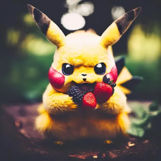 Prompt: Close-up Polaroid photo, of a pikachu eating a berry, soft lighting, outdoors, 24mm Nikon z fx