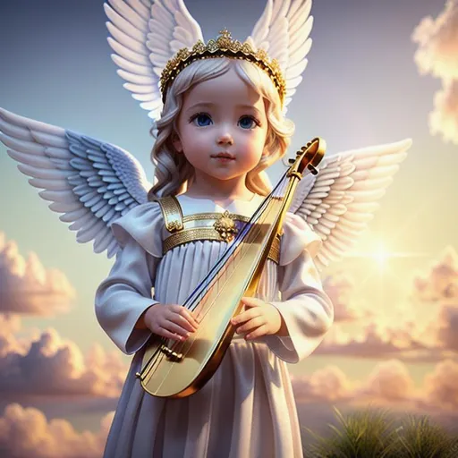 Prompt: {center shot} 3D, HD, Holy, Dreamy, Serene, Cute!!!!({Biblical Angel}Toddler!!! as Harpist) {facing camera} dressed in {Linen Angel outfit}, Expansive Cloudy Heavenly background, ultra-detailed, backlit, shadows, ultra-sharp focus, detail, ominous, golden ratio, intricate, cinematic character render, unreal engine 5, 64K --s98500