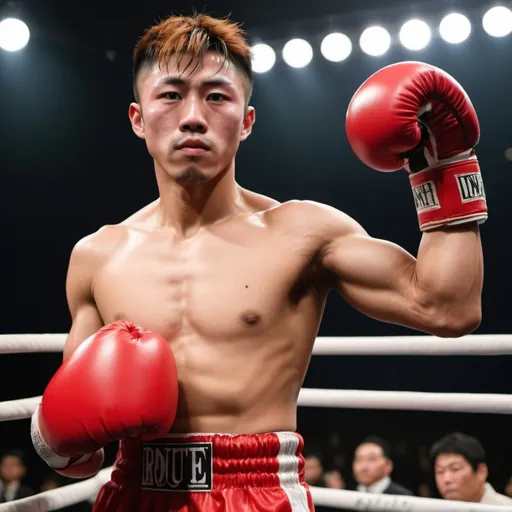 Prompt: Imagine a Japanese boxer named Hiroto, resembling Naoya Inoue, with a muscular physique and determined gaze. He steps into the ring wearing a pair of thick, red Winning boxing gloves, reminiscent of Inoue's iconic style. 
He raised both of his insanely strong and muscular arms exposing his hairy armpits,  showcasing his masculinity to dominate the ring with his skills and physical strength"