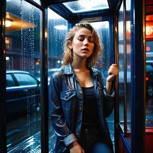 Prompt: photo of young woman, soaking wet clothes, barefoot, dark blue [pants|jeans], [transparent, see-through| black] gauzy T-shirt,  , in a vintage phone booth, rainy night,   enjoying, water dripping from clothes, clothes stuck to body,  detailed textures of the wet fabric, wet face, wet plastered hair,  wet, drenched, professional, high-quality details, full body view , (chiaroscuro, strong shadows:2.3), ilford 400, silver halide, surreal, (eyes closed, anguished expression:1.7), [Italian girl|Evan Rachel wood|mia Sara], 