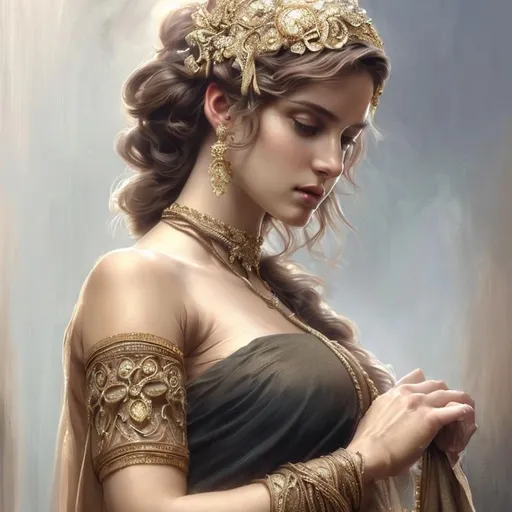 Prompt: a realistic standing feminine elegant ethereal Italian princess with very thin intricately decorated wet saree, musular, ((breasts)) ((nipples)) brunette balayage wild hair, royal vibe, highly detailed, deep tan, digital painting, Trending on artstation, HD quality, by artgerm and Greg Rutkowski and alphonse mucha, dramatic light, octane